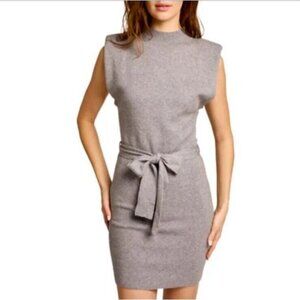 Le Lis Women Dress Belted Mock Neck Knit Sweater Grey Dress Power Shoulder Large